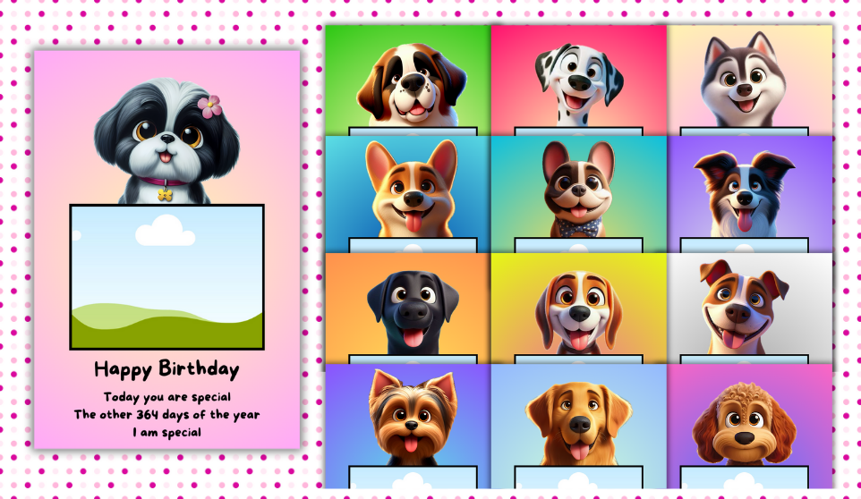 13 of the 21 Printable Happy Birthday Photo Cards in the Free Template featuring a different dog breed on each card smiling while holding a photograph. Easily drag and drop the photo of choice into these templates.