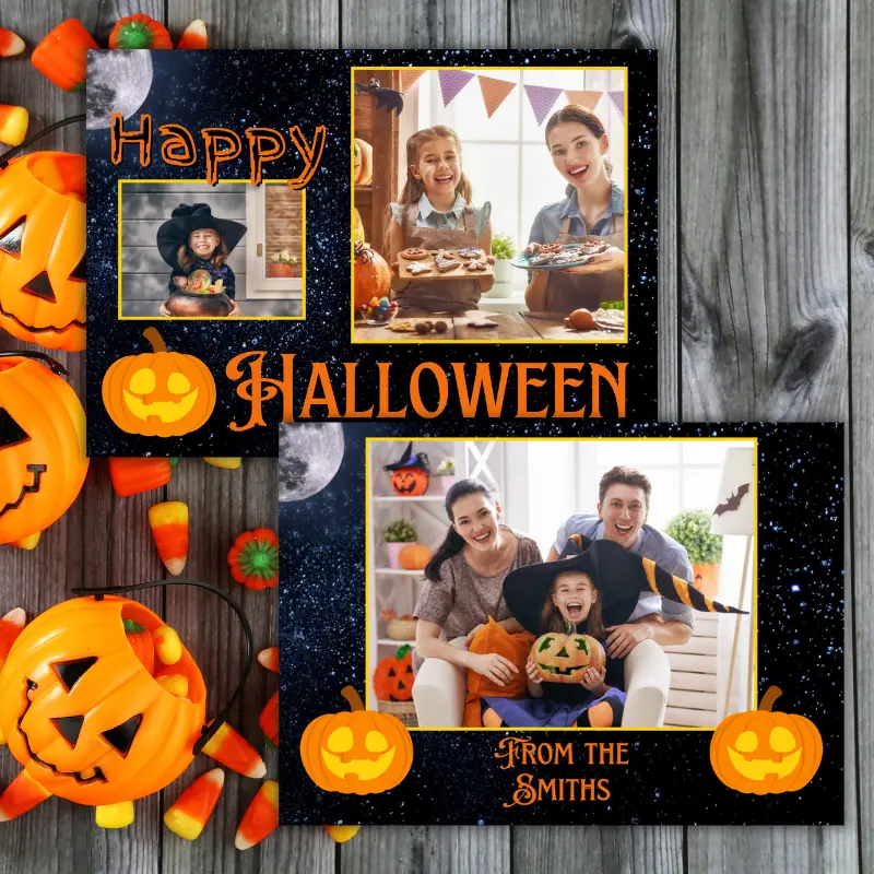 2 Halloween photo cards slightly overlapping on a table with Halloween candy and decor. The cards feature 3 photos, pumpkins, and say Happy Halloween and From the Smiths in a fun font. There is a night sky with a full moon in the background.