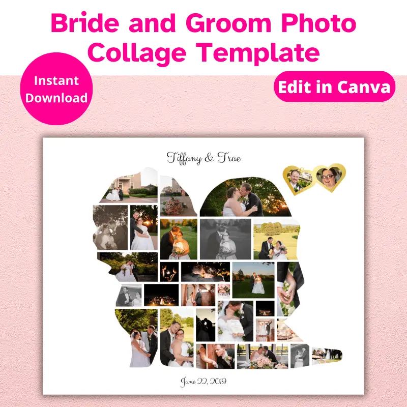 Bride and groom photo collage template, a photo collage in the shape of a bride and groom standing side by side filled with photos of a happy couple on their wedding day hanging on a warm pink wall. Their names are at the top and their wedding date is at the bottom. There is also a locket in the top right corner with a photo of the bride and a photo of the groom.