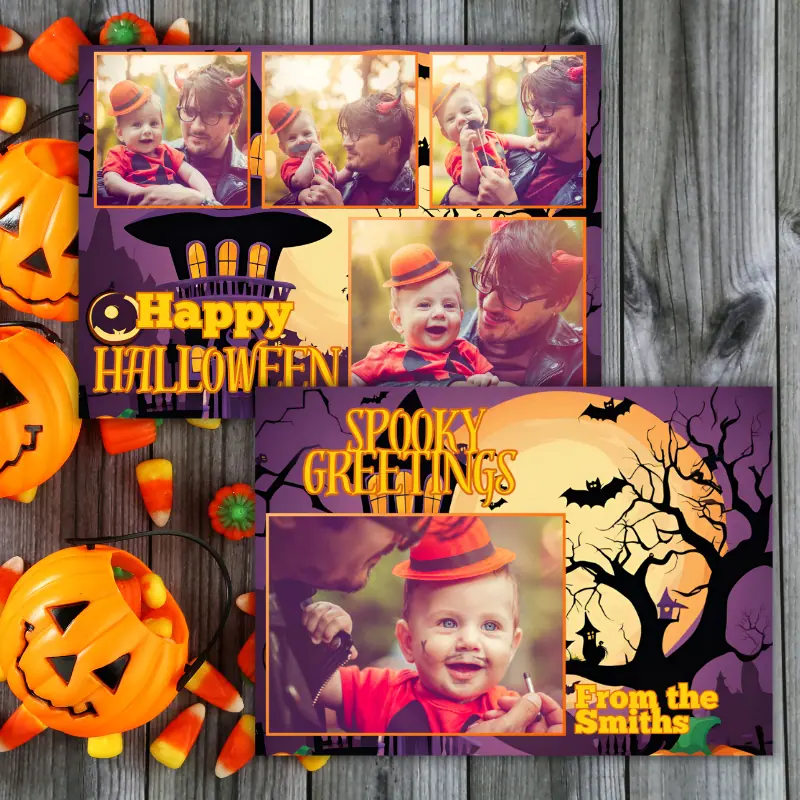 2 Halloween photo cards slightly overlapping on a table with Halloween candy and decor. The cards feature 5 photos of a father and son in front of a cartoon spooky background with the words happy halloween, spooky greetings and from the smiths.