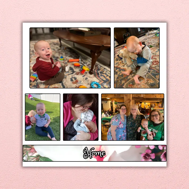 A square photo collage featuring a baby and his family hanging on a warm pink wall.