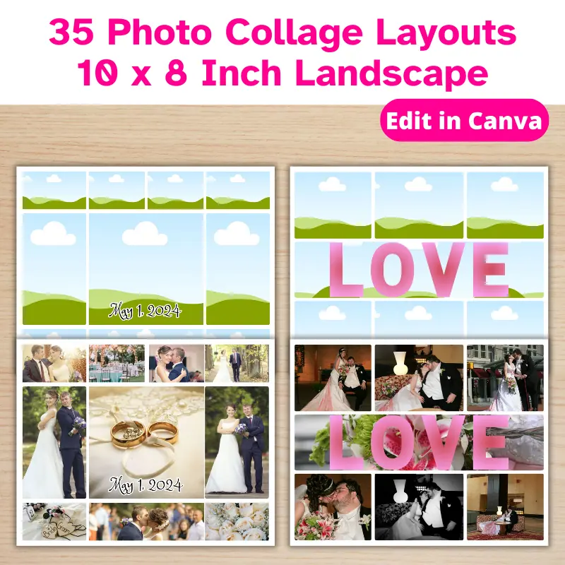 2 photo collage templates with matching completed designs overlapping them in front of a dark wood background. There is a banner that says 35 photo collage layouts, 10 x 8 inch landscape. Edit in Canva.