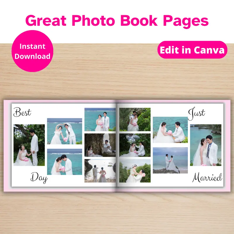 A photo book open on a table with photos of a happy couple on their wedding day. There is a banner that says great photo book pages.