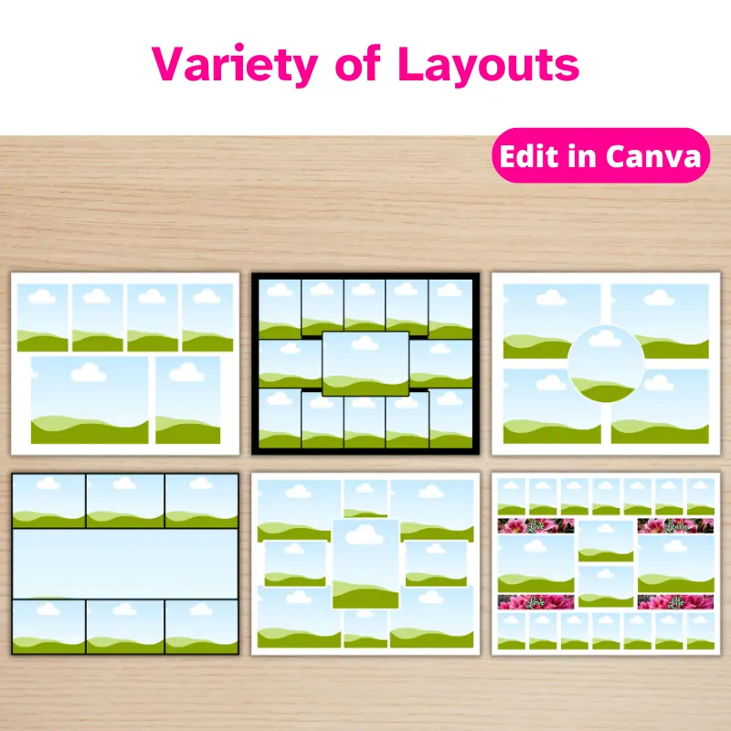 6 Photo Collage templates on a table in a variety of layouts