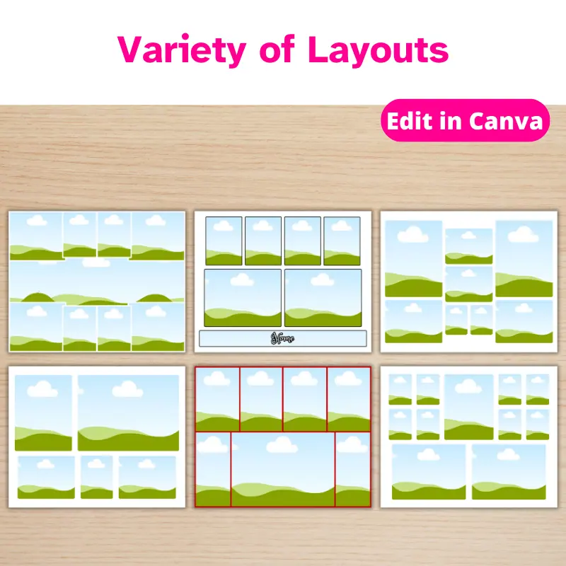 6 Photo Collage templates on a table in a variety of layouts