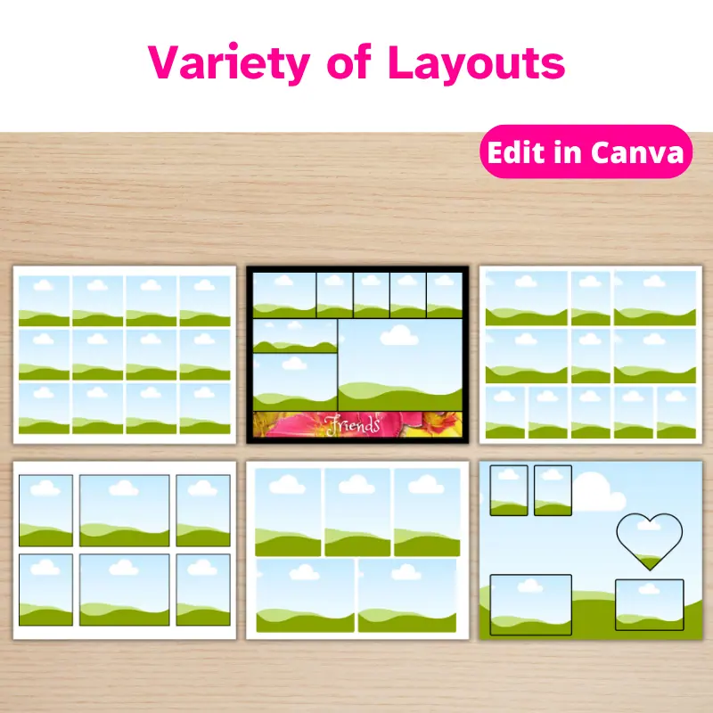 6 Photo Collage templates on a table in a variety of layouts