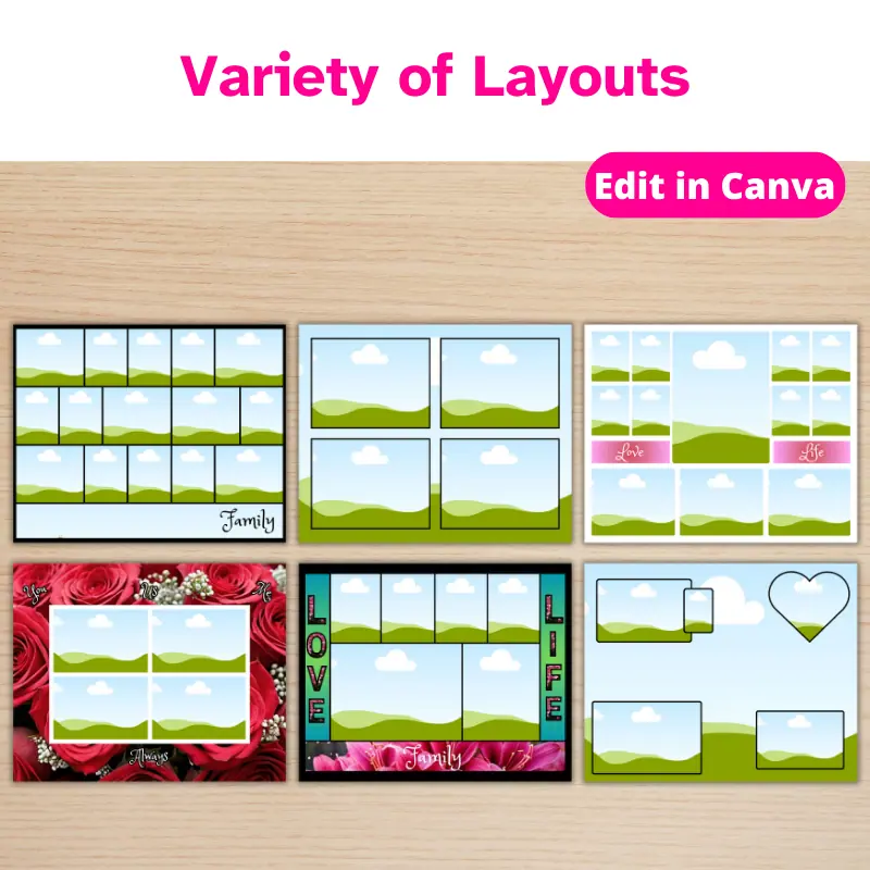 6 Photo Collage templates on a table in a variety of layouts