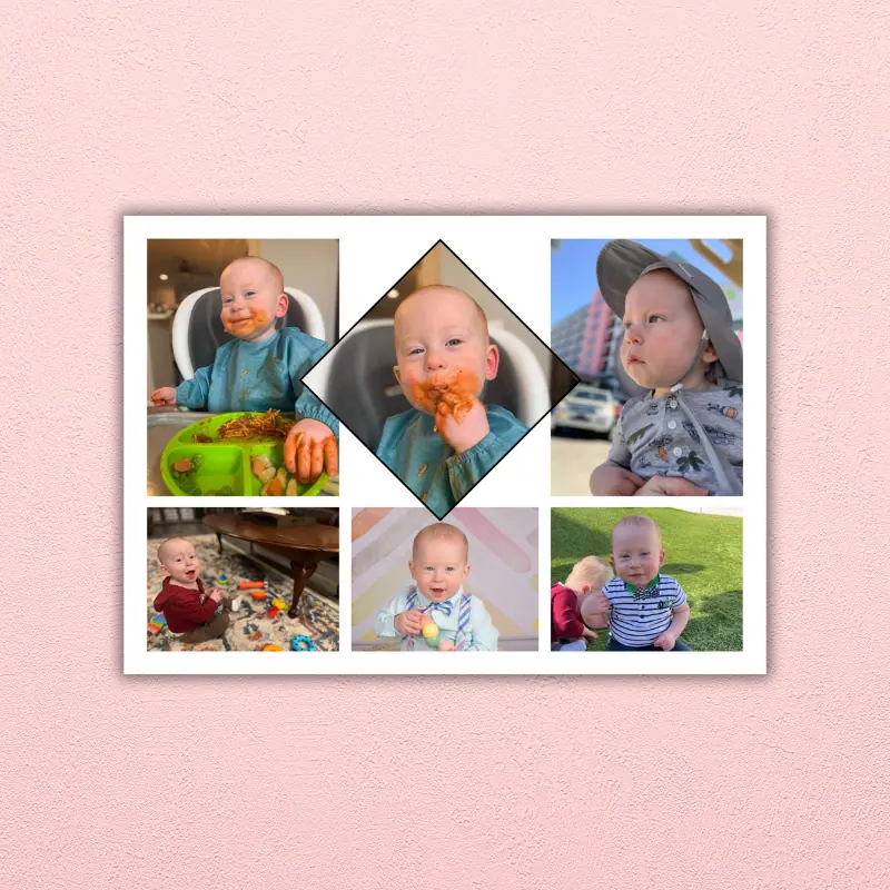 A 7 x 5 inch photo collage of a baby boy in an interesting layout hanging on a wall.