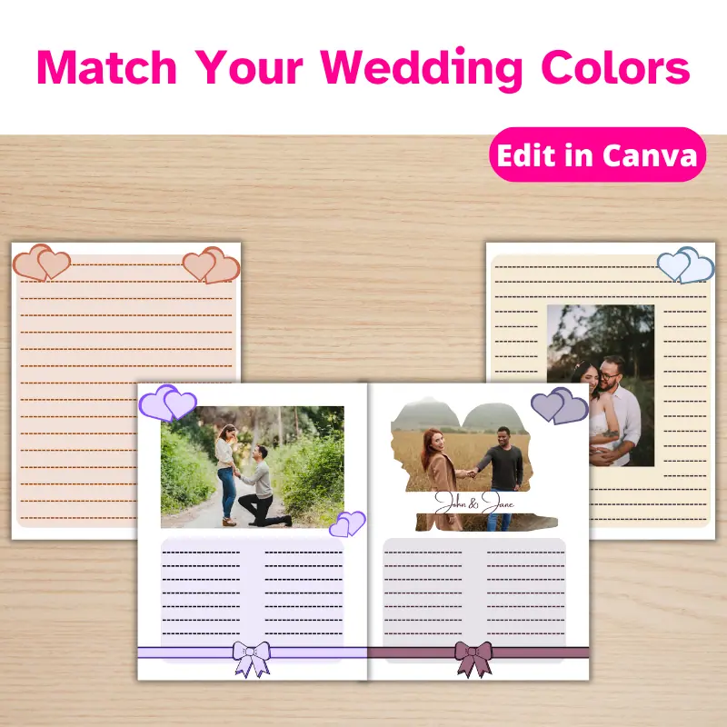 4 wedding guestbook pages with hearts and bows and engagement photos of different happy couples overlapping on a desk