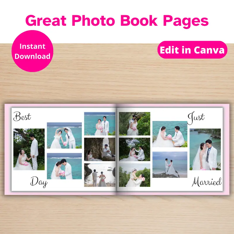 A photo book open on a table with photos of a happy couple on their wedding day. There is a banner that says great photo book pages.