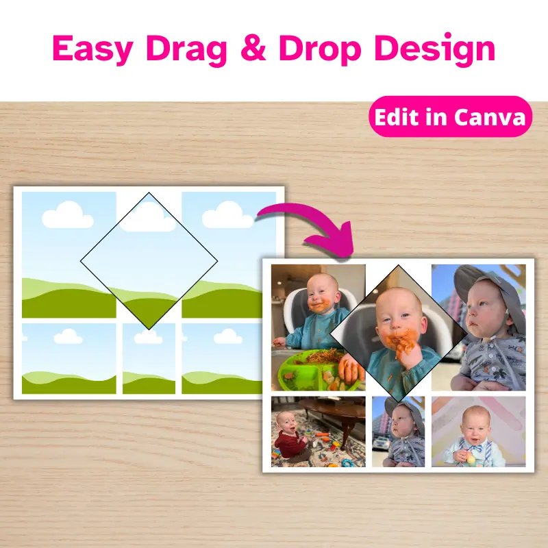 A 11 x 14 inch photo collage template with an arrow to a completed version of the template filled in with baby photos. There is a dark wood background and a banner that says easy drag and drop design and this is a digital product.