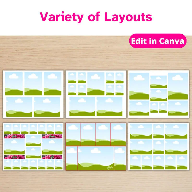 6 Photo Collage templates on a table in a variety of layouts