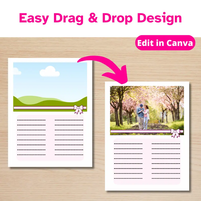 Easy Drag and Drop Design. A customized wedding guestbook page with an arrow pointing to it from the original template page.