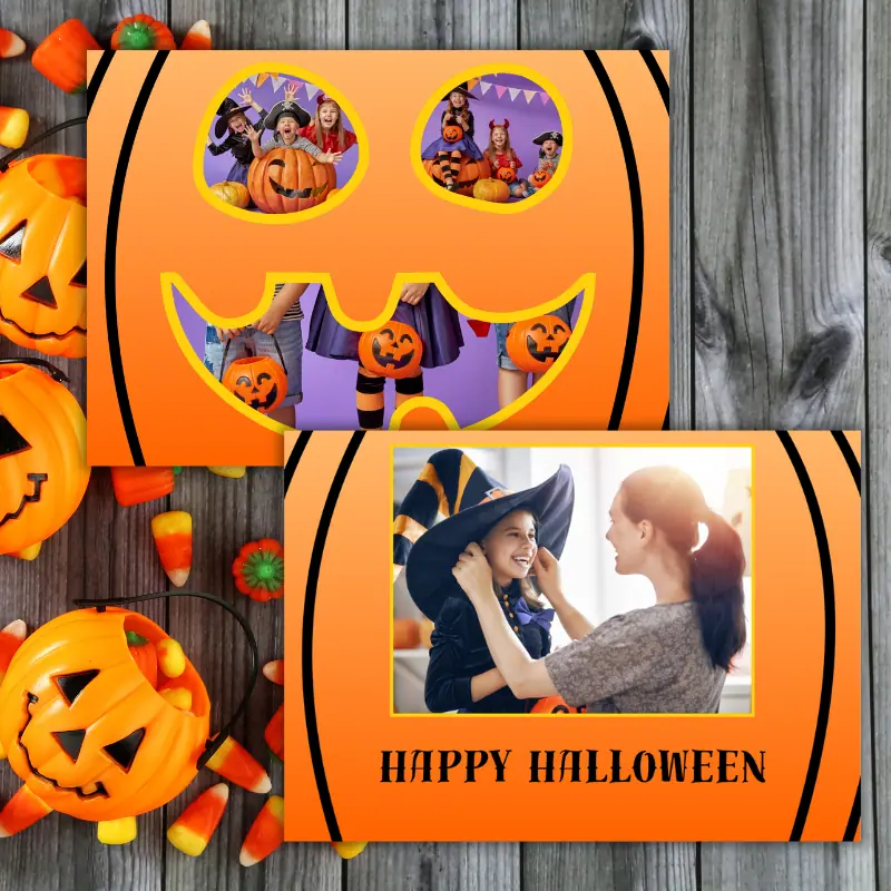 2 orange Halloween photo cards slightly overlapping on a table with Halloween candy and decor. The cards feature 4 photos of children. 3 photos form the shape of a jack o lantern face one the front and there is a large photo on the back.