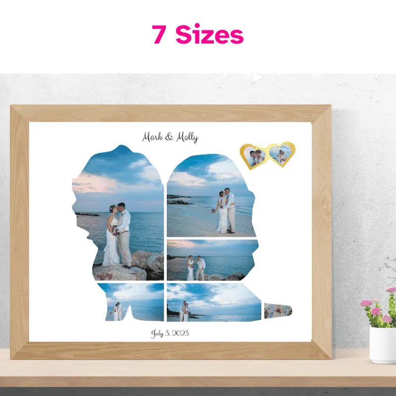 a photo collage in the shape of a bride and groom standing side by side filled with photos of a happy couple on their wedding day. Their names are at the top and their wedding date is at the bottom. There is also a locket in the top right corner with a photo of the bride and a photo of the groom. There is a heading that says 7 sizes