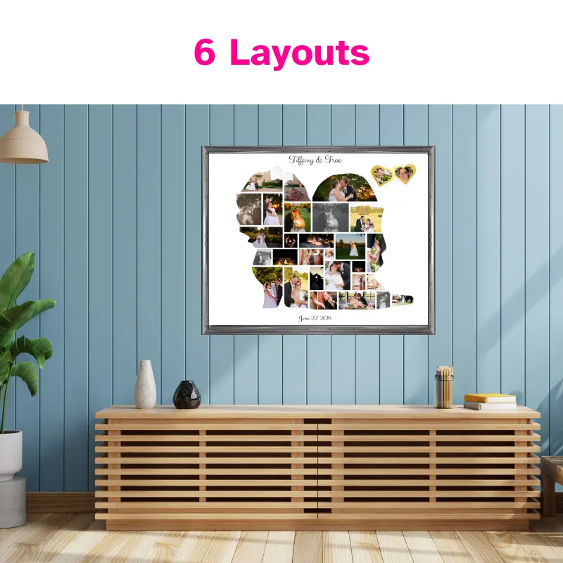 a photo collage in the shape of a bride and groom standing side by side filled with photos of a happy couple on their wedding day hanging on blue wall above a table. Their names are at the top and their wedding date is at the bottom. There is also a locket in the top right corner with a photo of the bride and a photo of the groom. There is a heading that says 6 layouts.