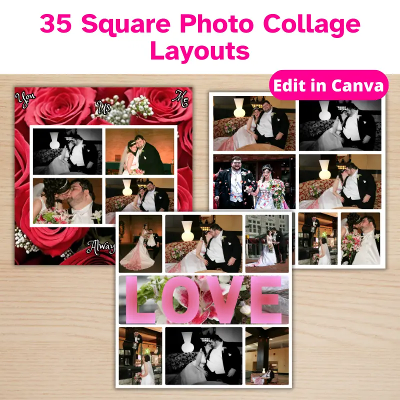 3 wedding photo collages with a variety of layouts laying on a table, 35 Square Photo Collage Layouts