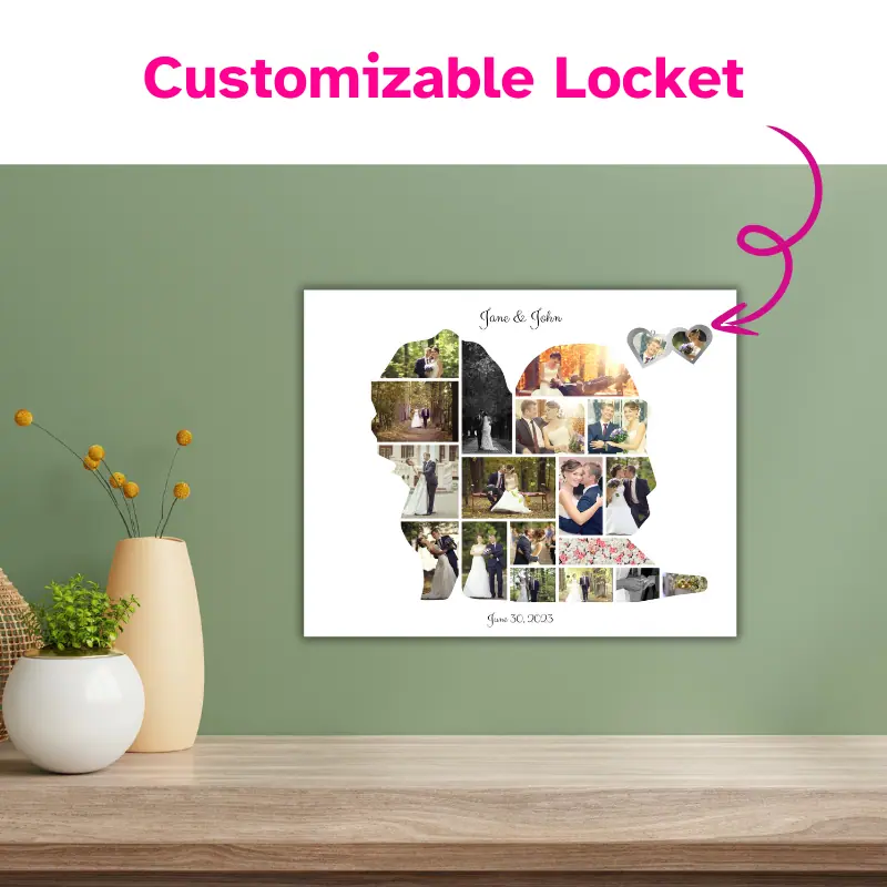 a photo collage in the shape of a bride and groom standing side by side filled with photos of a happy couple on their wedding day hanging on a green wall above a counter. Their names are at the top and their wedding date is at the bottom. There is also a locket in the top right corner with a photo of the bride and a photo of the groom. The locket is customizable.