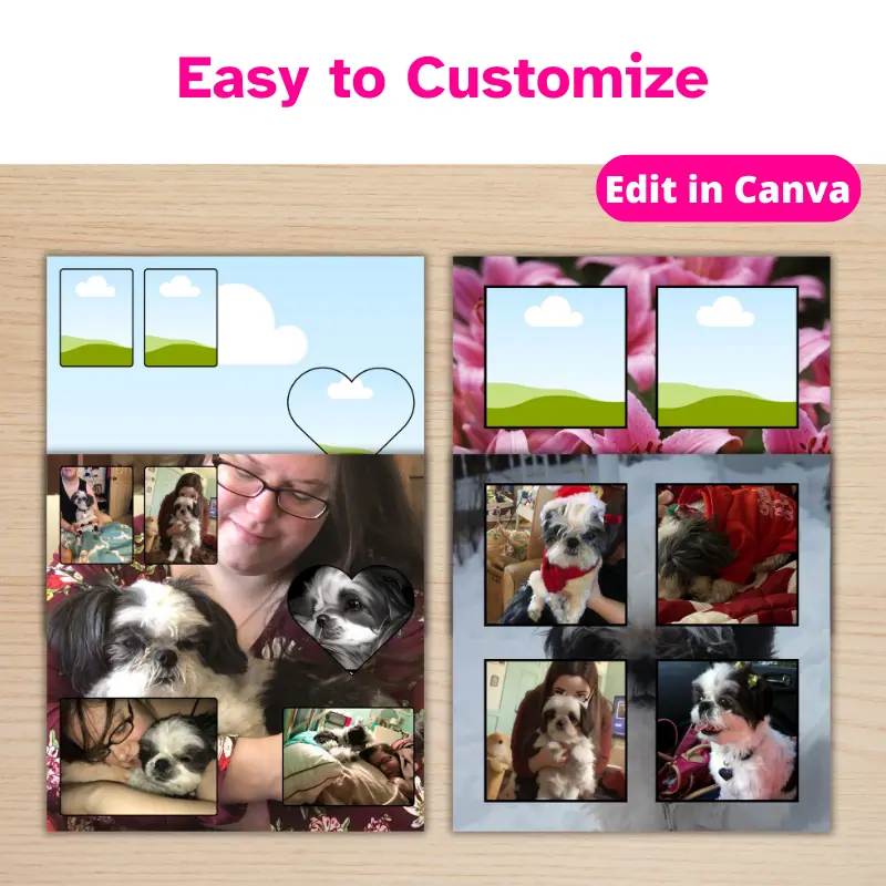 2 photo collage templates with matching completed designs overlapping them in front of a dark wood background. There is a banner that says easy to customize, Edit in Canva.