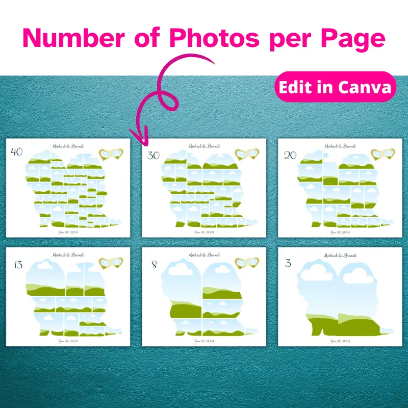 all 6 bride and groom photo collage templates against a warm turquoise background. Each template shows the number of photos it holds in the left corner. Edit in Canva