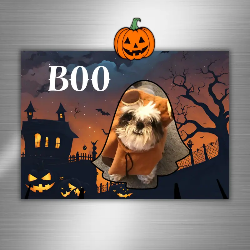 A Halloween photo card on a fridge. The card features a photo of a shitzu wearing an ewok costume in a frame the shape of a ghost and says BOO with a spooky Halloween background.