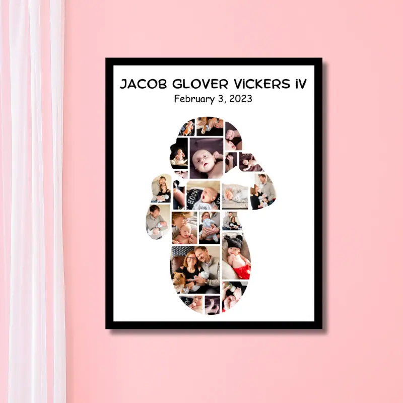 Close up of framed baby photo collage in the shape of a baby with the baby's name and birthdate written at the top.