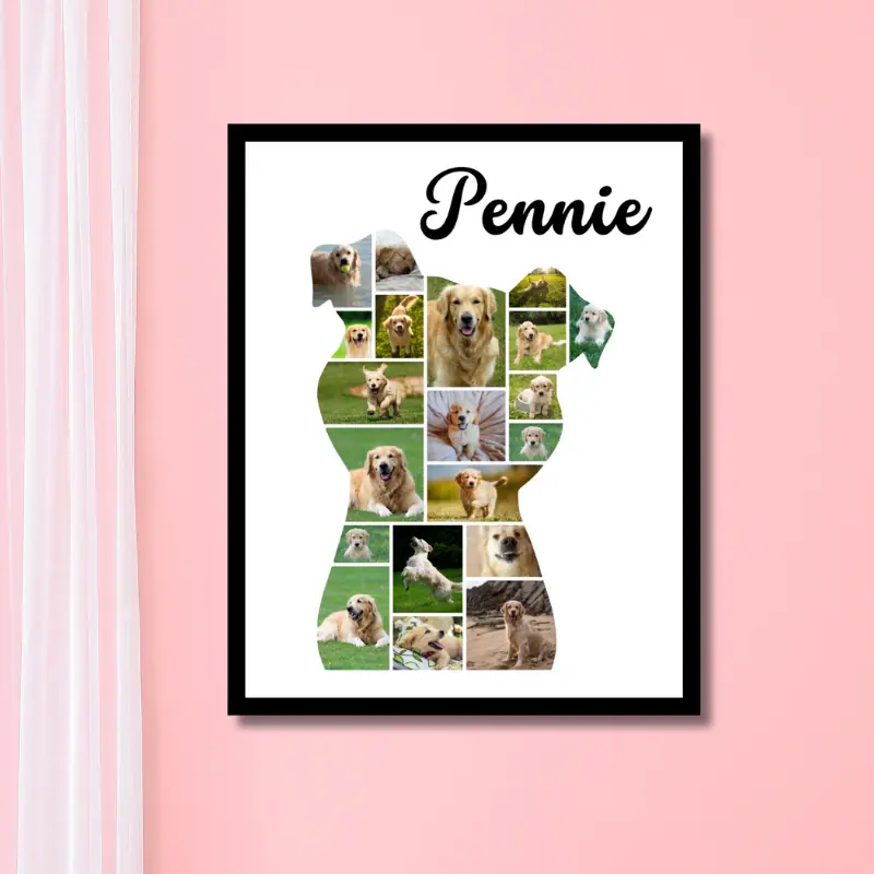Close up of framed dog photo collage in the shape of a dog with the dog's name written at the top. The frame hung on a warm pink wall and a sheer white curtain is hanging to the left of the photo collage.