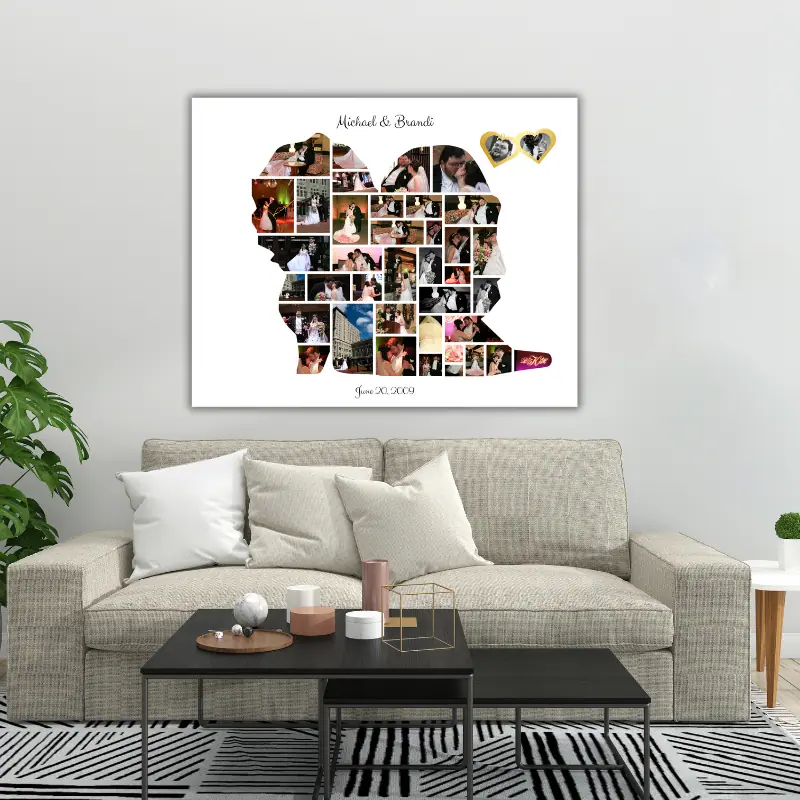 a photo collage in the shape of a bride and groom standing side by side filled with photos of a happy couple on their wedding day hanging above a couch. Their names are at the top and their wedding date is at the bottom. There is also a locket in the top right corner with a photo of the bride and a photo of the groom.