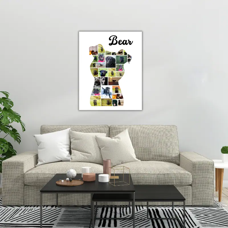 A large poster of a dog photo collage in the shape of a dog hanging on the wall above a couch