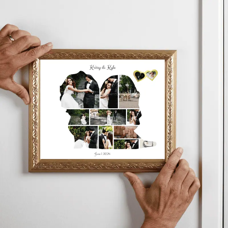 A wedding photo collage filled with pictures of the happy couple on their wedding day being hung on a wall.