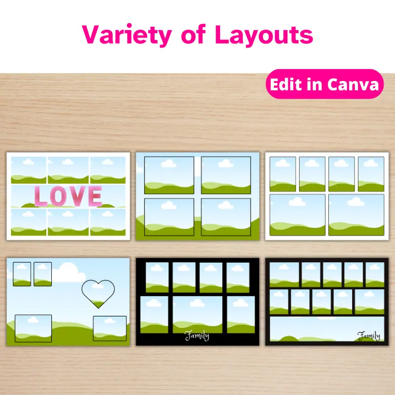 6 Photo Collage templates on a table in a variety of layouts