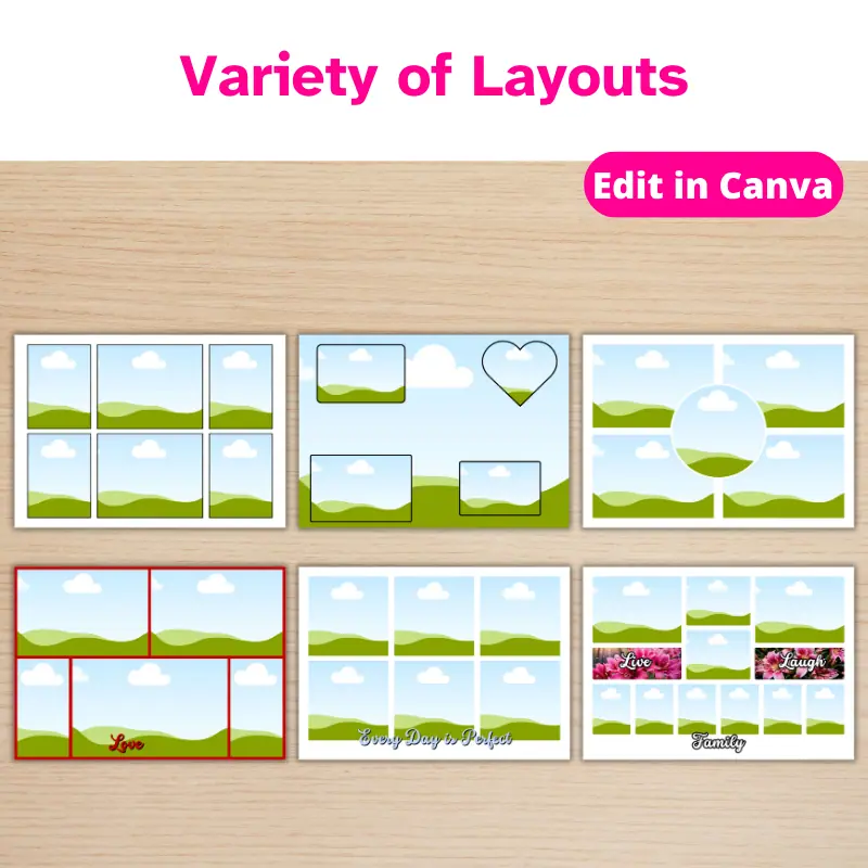 6 Photo Collage templates on a table in a variety of layouts
