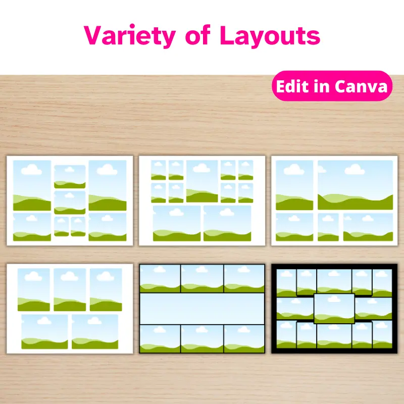 6 Photo Collage templates on a table in a variety of layouts