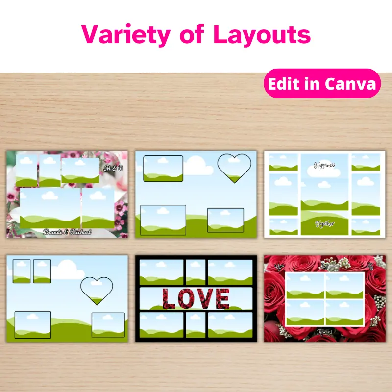 6 Photo Collage templates on a table in a variety of layouts