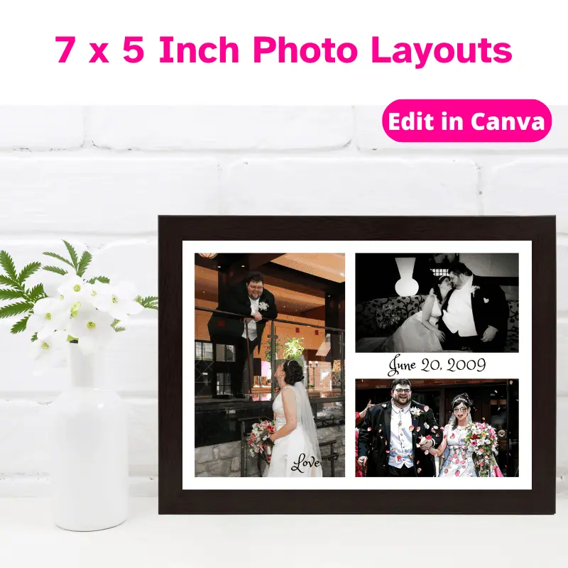 Photo Collage set in a picture frame with 3 wedding photos of a happy couple, the word love on the bottom and the wedding date in the middle, right of the page. The frame is sitting on a counter next to a vase of flowers