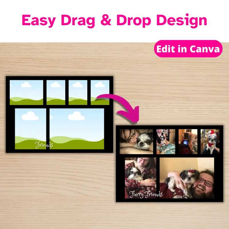 A photo collage with 6 photos of a shitzu with her parents that says furry friends with an arrow pointing from the original template to it. The collage has a black backdrop. Easy drag and drop design.