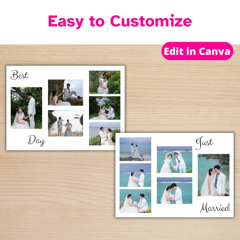 two wedding photo collages from the same wedding. each collage has 6 photos and one says best day and the other says just married. Easy to customize.