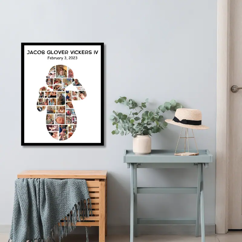 A framed photo collage in the shape of a baby hanging on a wall in a home entryway.