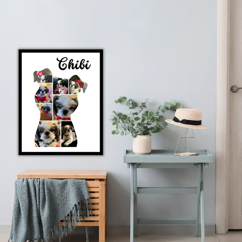 A framed photo collage in the shape of a dog hanging on a wall in a home entryway. The collage is full of photos of a shih tzu.