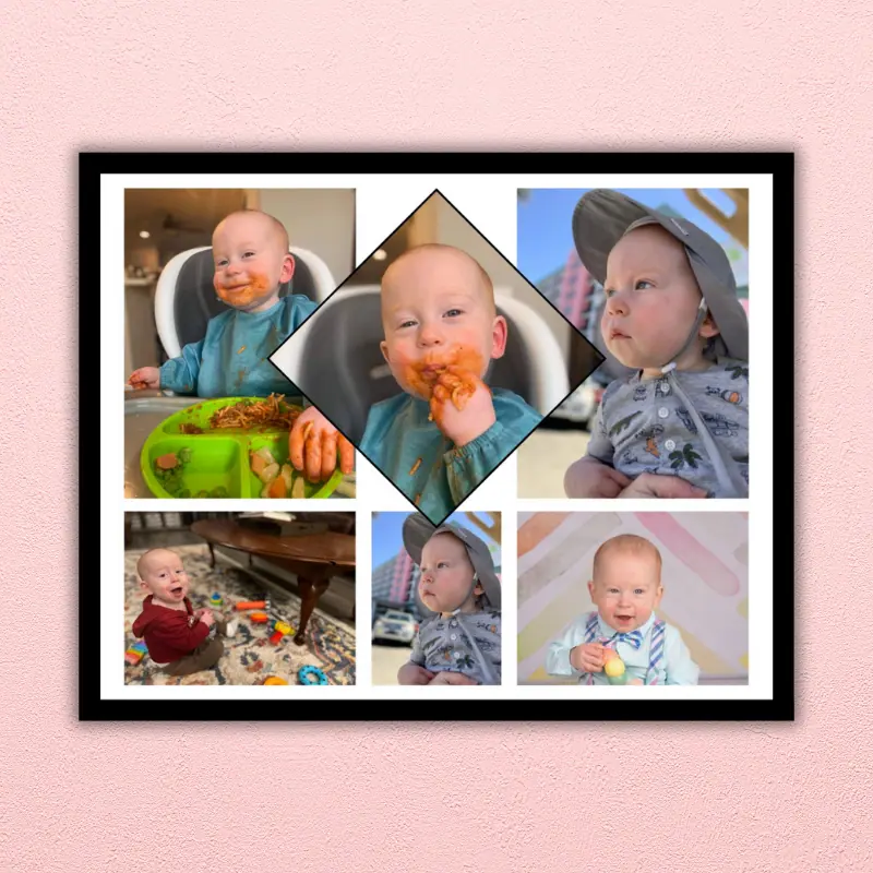 A 10 x 8 inch photo collage framed and mounted on a pink wall. The photo collage has 6 photos of a baby boy in a unique layout.
