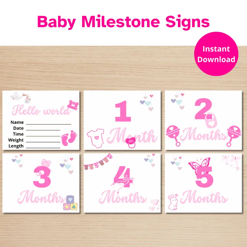 6 Baby Milestone Cards in shades of pink featuring several cute baby themed graphics. The cards include one for each month starting from newborn through 5 months.