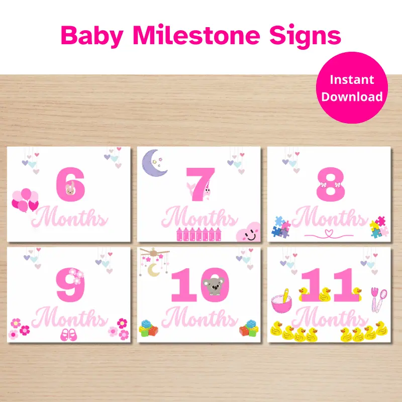 6 Baby Milestone Cards in shades of pink featuring several cute baby themed graphics. The cards include one for each month starting from 6 through 11 months.