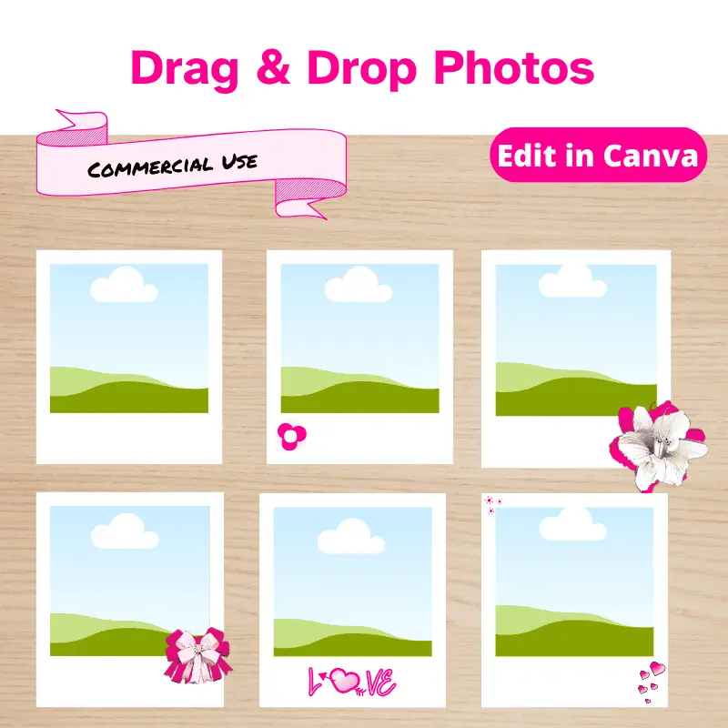 6 polaroid canva frames with bows, hearts, flowers and the word love.