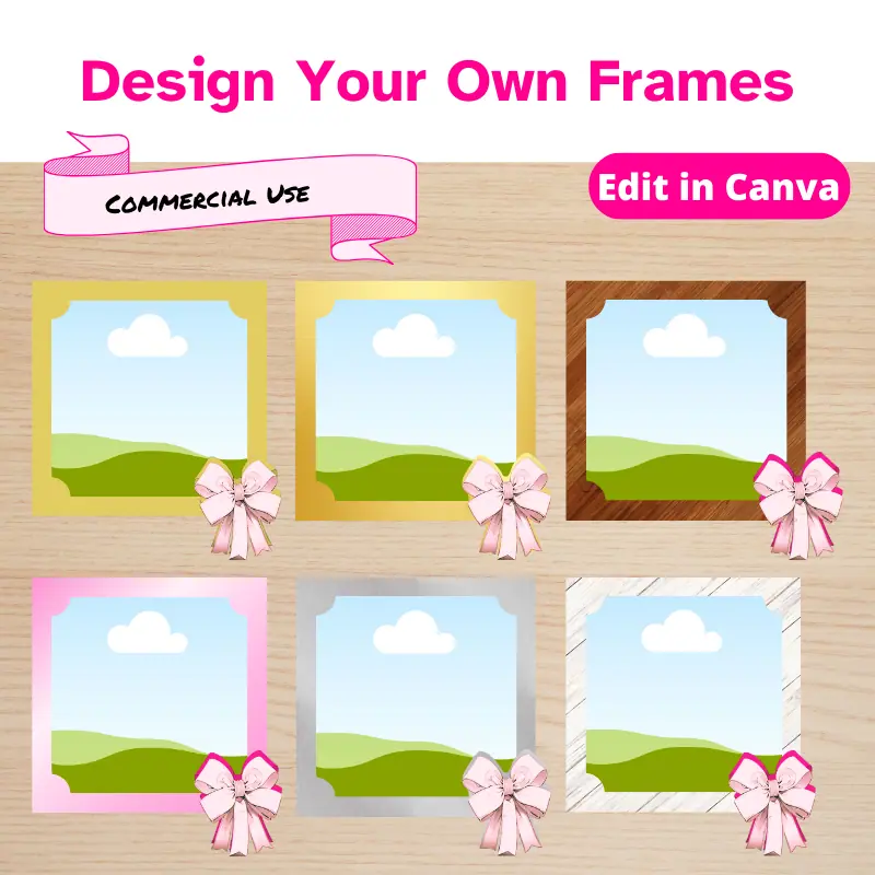 6 easy to use Canva frames. Drag an image into the edges to design the frame. Then drag your photo into the middle. Theses Frames are designed for use in Canva, a free design Software, and come with commercial use rights.