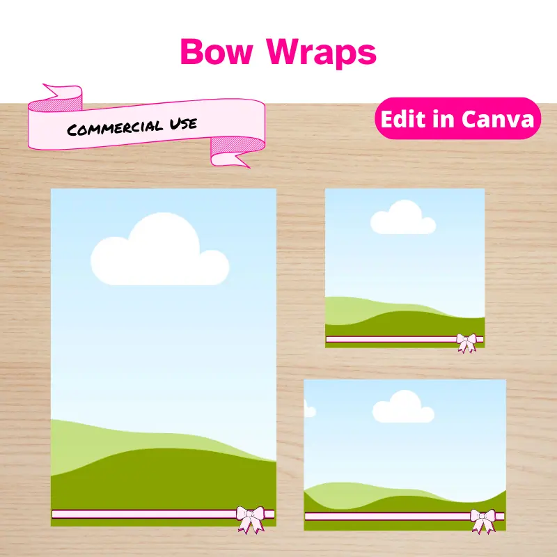 3 easy to use drag & drop photo frames with dye-able, thin ribbons and a small bow on the right corner. Theses Frames are designed for use in Canva, a free design Software. These frames come with commercial use rights.