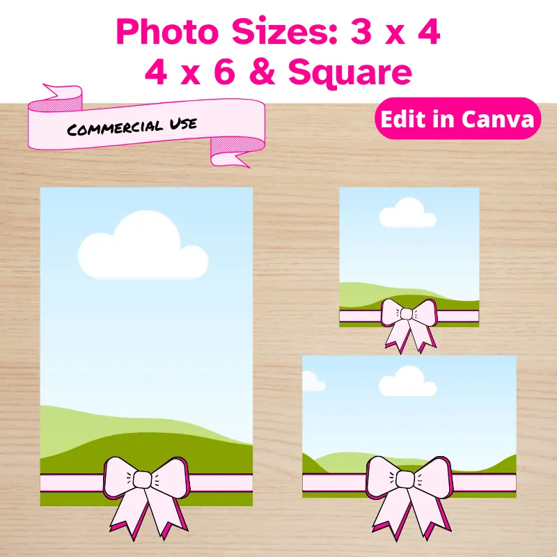 3 easy to use drag & drop photo frames with dye-able ribbons and a large bow in the middle. These Frames are designed for use in Canva, a free design Software. These frames come with commercial use rights. the frames come in 3 x 4, 4 x 6 and square.