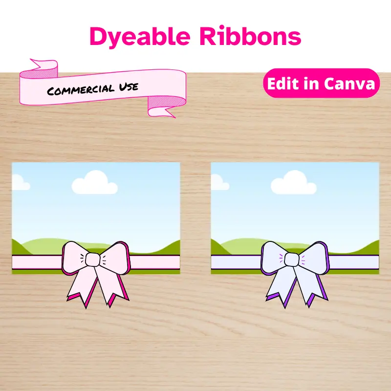 2 canva frames with a dye-able ribbon wrapped around a 4 x 6 inch ratio photo. The frames come in 3 x 4, 4 x 6, and square ratios. These designs come with commercial rights. Canva is a free and easy to use software.