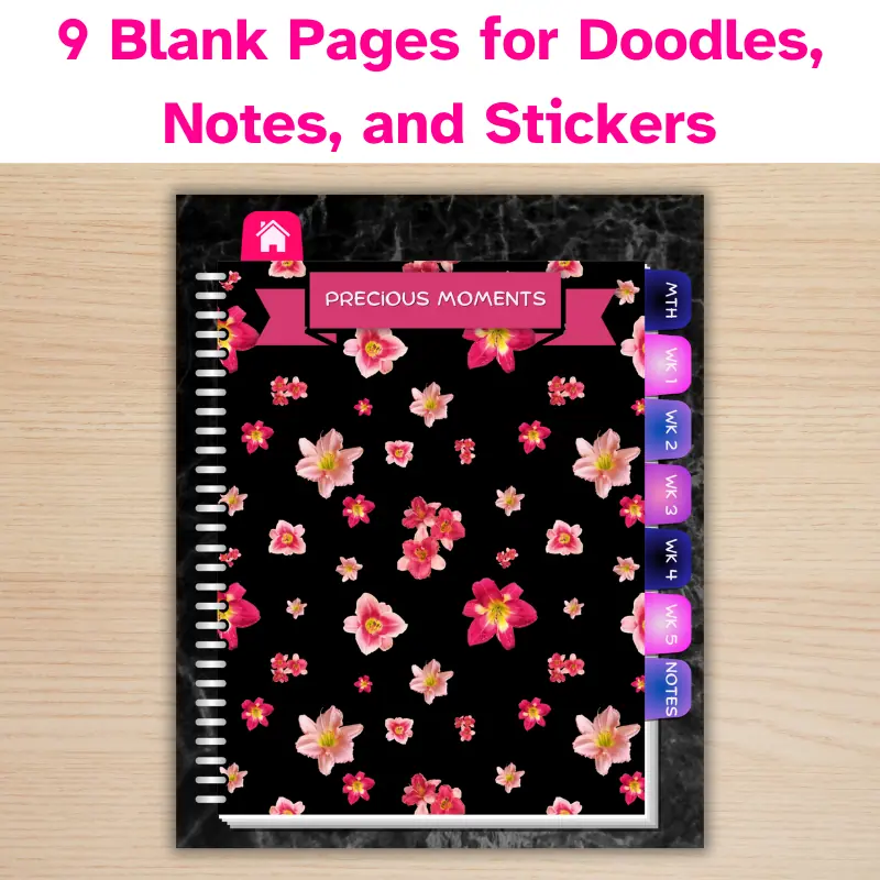 9 blank pages for doodles, notes, or stickers with a pink lily background