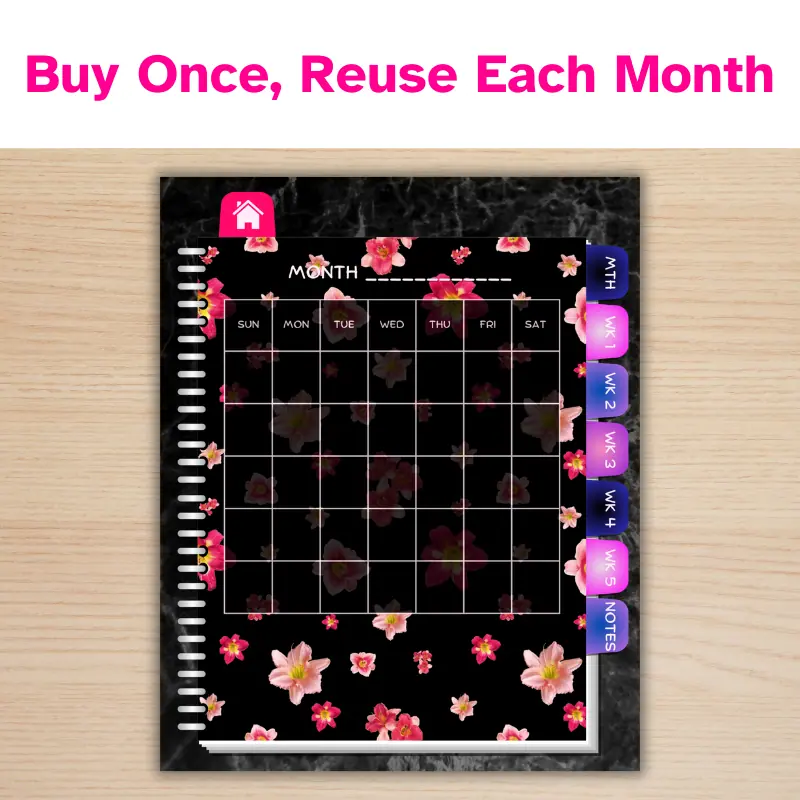 Buy once, reuse each month. An undated digital planner with hyperlinked tabs open to the month page. The Planner is black with pink lilies and soft pink writing.