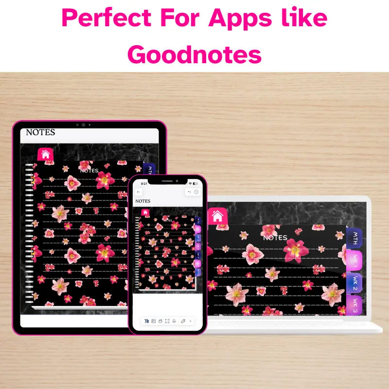 Perfect for apps like goodnotes. A digital planner displaying the notes page on a phone, a tablet, and a laptop. The planner has a dark mode feel with a black background and soft pink text.